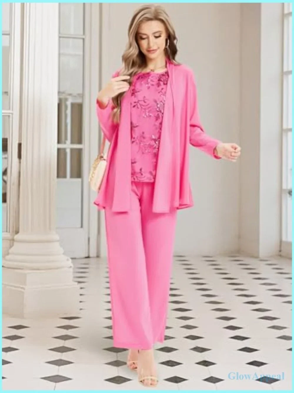 3-Piece Lace Pantsuit with Sequin Tank Top, Mother of Bride, Formal